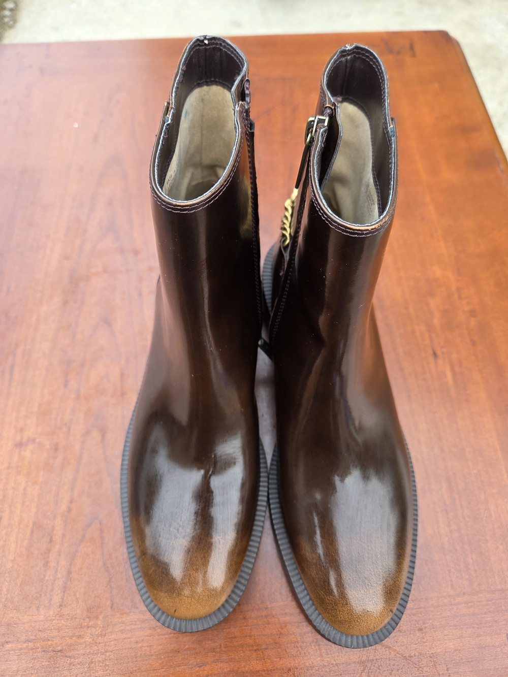 Michael Kors Glossy Brown Ombre Ankle Booties with Gold Chain Detail